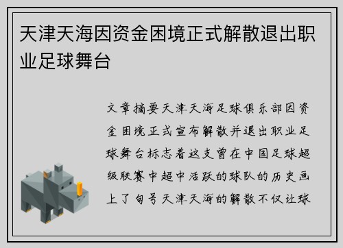 天津天海因资金困境正式解散退出职业足球舞台 天津天海因资金困境正式解散退出职业足球舞台